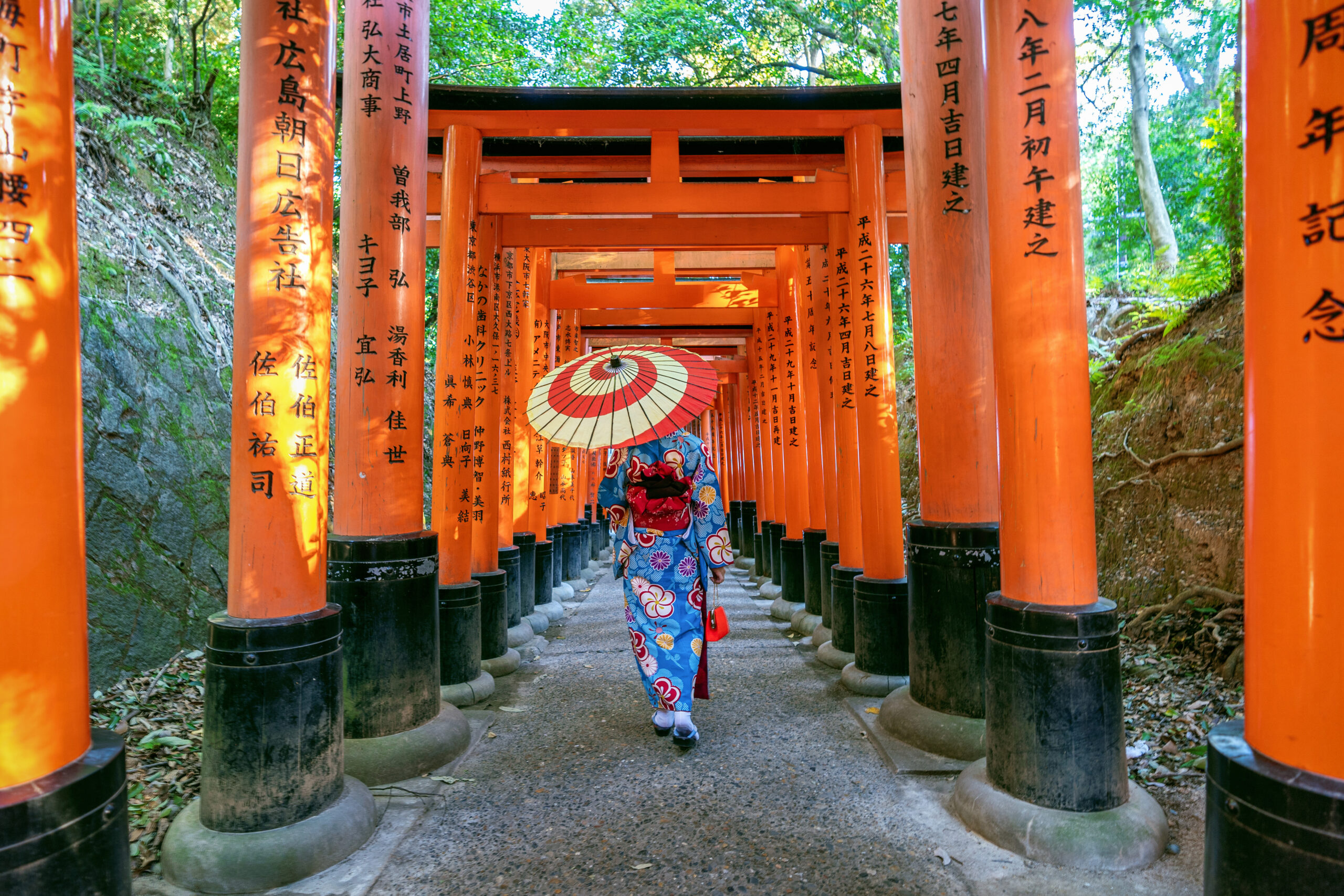 Kyoto, Japan Jul 31, 2018 : Asian women in traditional japanese kimonos at Fushimi Inari Shrine in Kyoto, Japan.